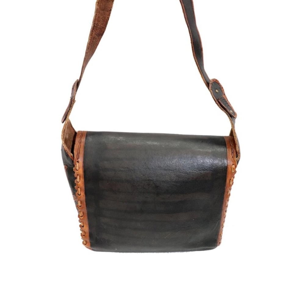 VINTAGE 1970 Hand Tooled Handcrafted Leather Floral Purse Satchel - Picture 5 of 7